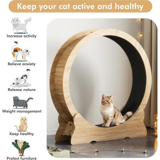 Extra Large 43.3 Indoor Cat Exercise Wheel with Removable Carpet and Teaser for Running, Walking, and Training - Natural Wood