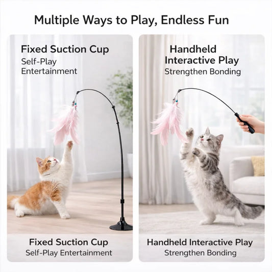Strong Suction Cup Cat Teaser Toy, Heavy Duty Detachable Long Rod with Bell, Interactive