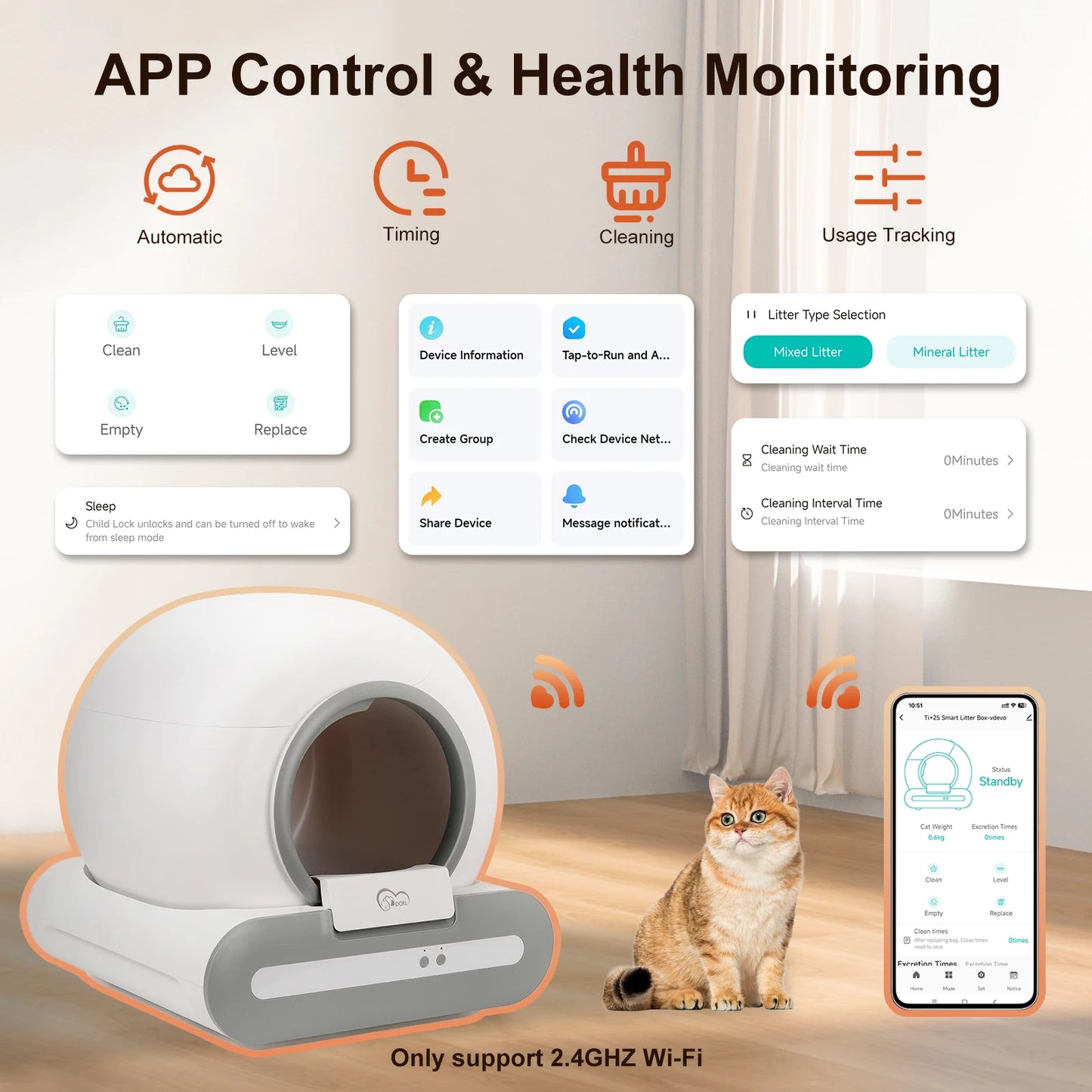 DOEL 65L Self-Cleaning Cat Litter Box App Control, ONLY Supports 2.4G WiFi w/Litter Mat&Trash Bags, Fit for Tofu & Mixed Litter