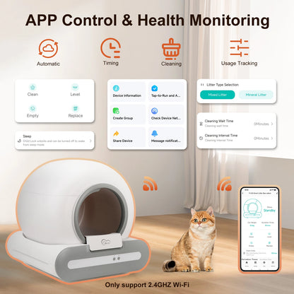 DOEL 65L Self-Cleaning Cat Litter Box App Control, ONLY Supports 2.4G WiFi w/Litter Mat&Trash Bags, Fit for Tofu & Mixed Litter